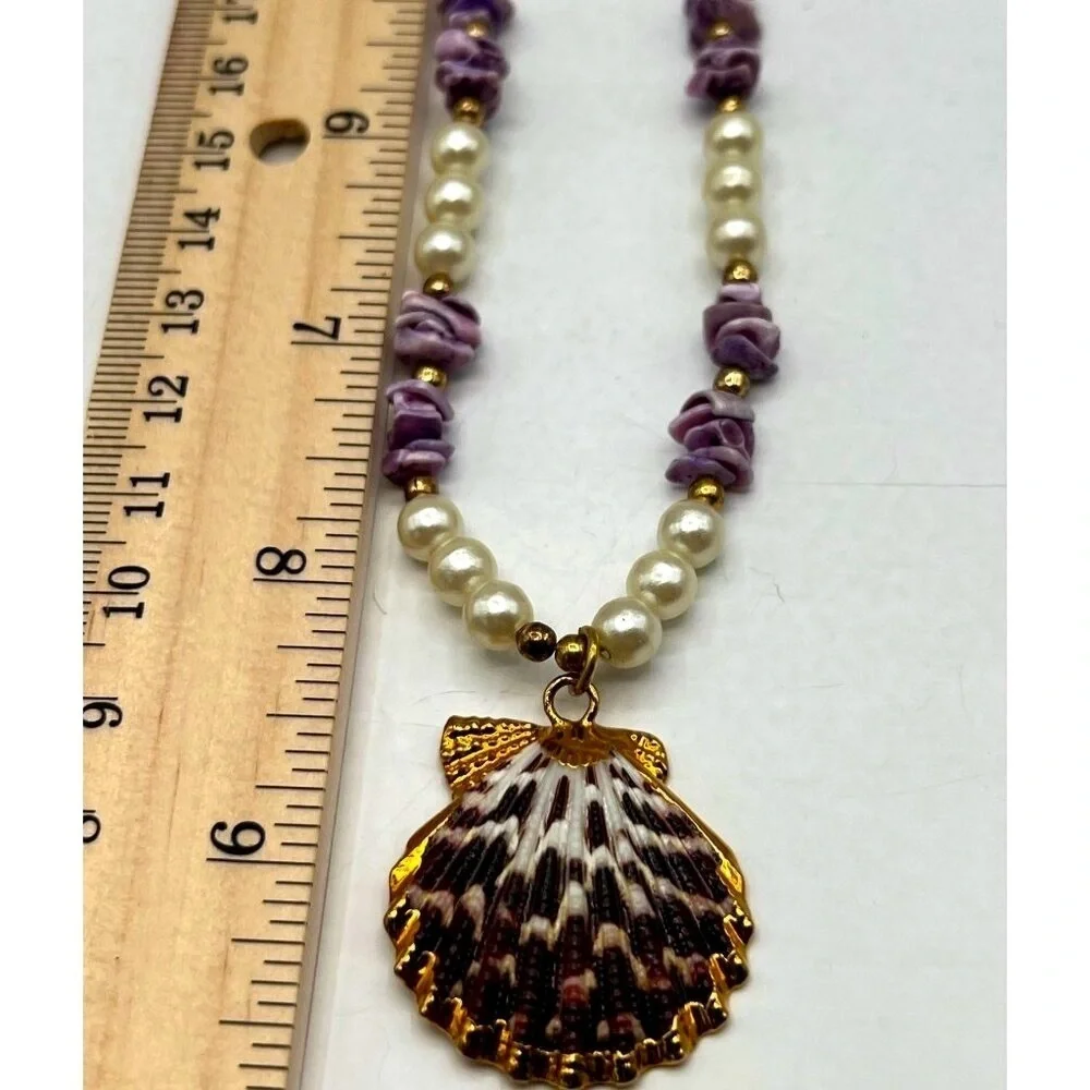 Handcrafted Faux Pearl & Shell Necklace With Lavender Accents. A23 - Picture 9 of 9
